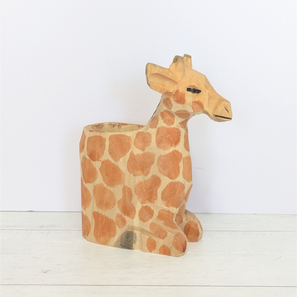Wood Carved Giraffe Figure Pencil Holder Vase Safari Zoo Africa Decor 5"